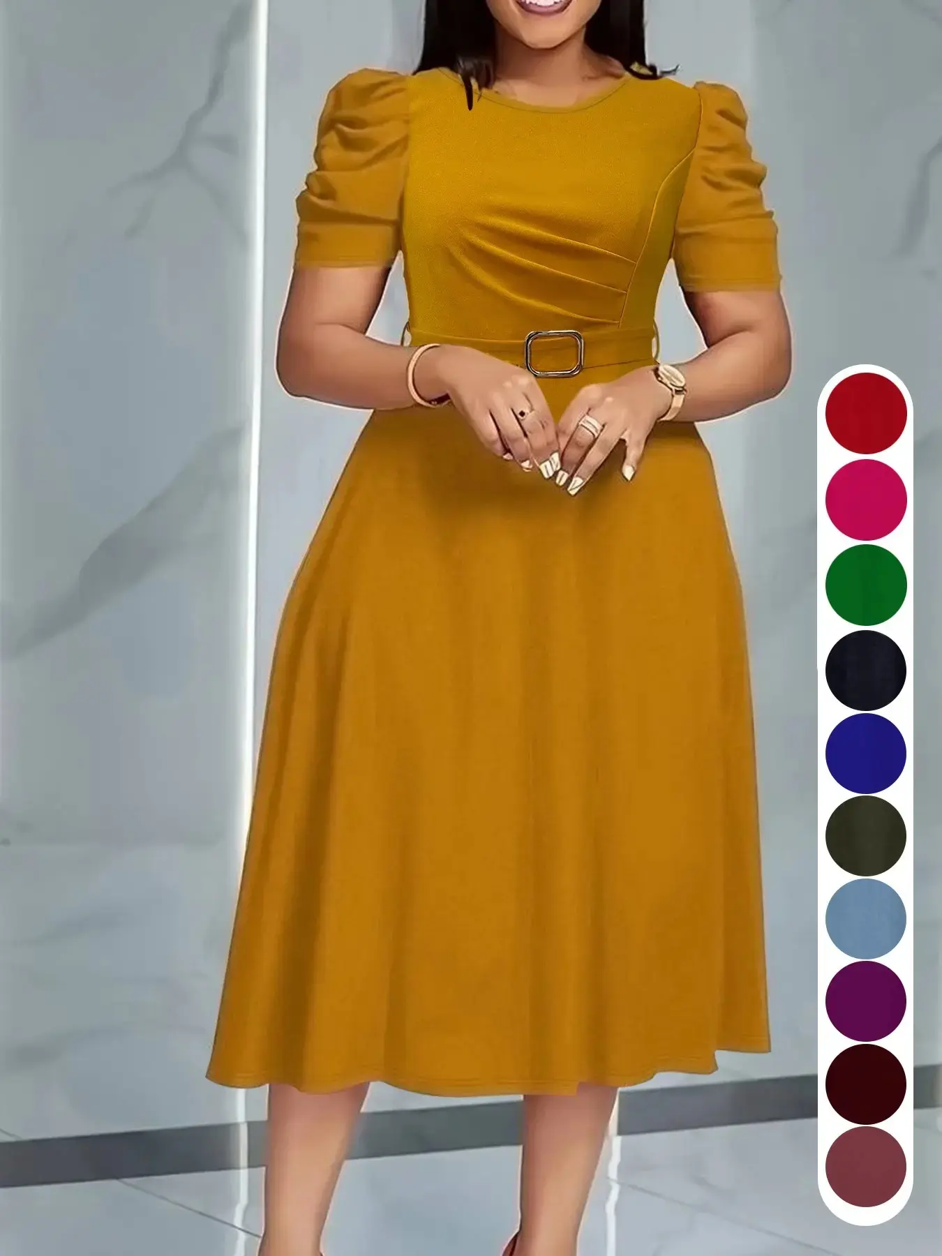 Summer Camel Bubble Sleeve Midi Dress, Slim-Fitting A-Line with Waist Belt, Elegant Chic Everyday Office Wear, Perfect for Church Weddings