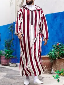 Men's Ethnic Style New Colorblock Striped Long Muslim Thobe, Traditional Arabic Robe, Casual Fashion, Comfortable and Stylish, Perfect for Daily Wear