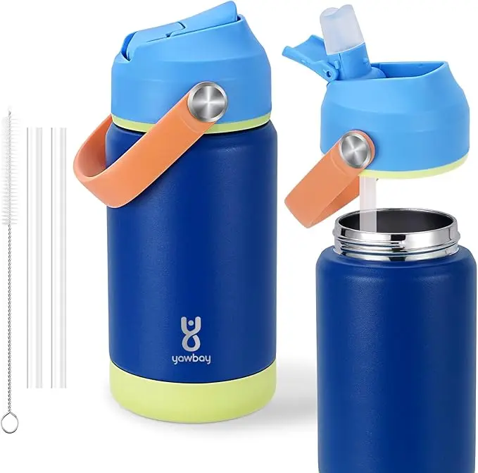 【Yawbay】Stainless Steel Insulated Travel Drinkware - 12oz/18oz Anti-Leak Leak-Free Vacuum Flask Tumbler with Silicone Spout, Screw-On Lid, Dishwasher Safe, Cup Holder Friendly, Christmas Kids Gift with Stickers, Anti-Leak Vacuum Flasks