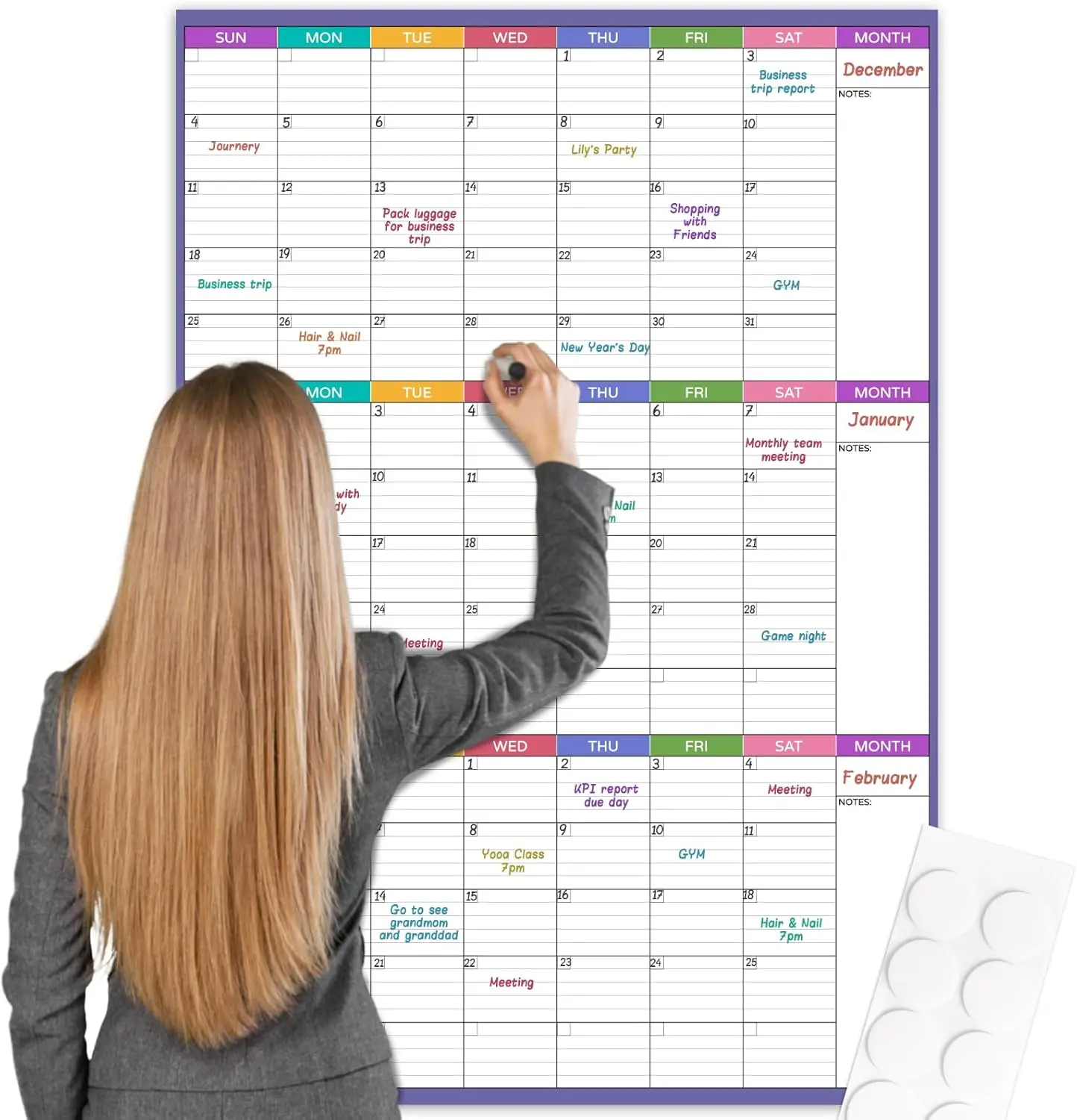 Large Dry Erase Calendar For Wall - Undated 3 Month Calendar, 28'' x 40'', Erasable & Reusable Laminated White Board With 8 Round Stickers, Vertical Layout for Office, Classroom and Home