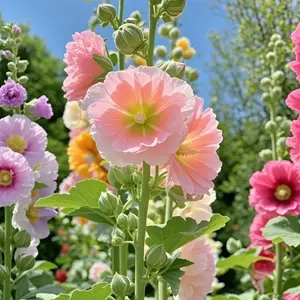 200 PCS Mixed Color Hollyhock Seeds, Tall Vibrant Flowers, Fast-Germinating, Easy to Grow, Ideal for Garden Borders & Fences
