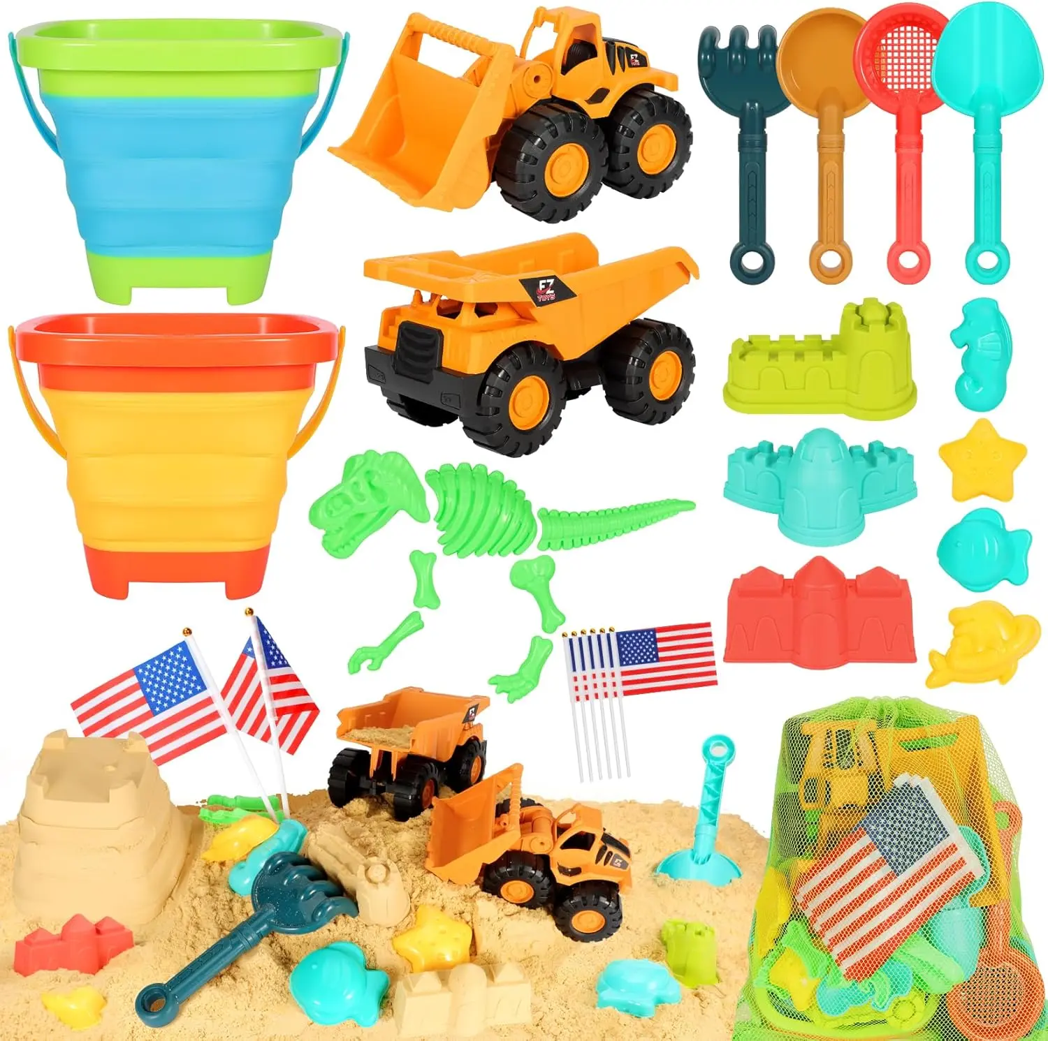29PCS Beach Sand Toys for Kids,  Sandbox Toys with 2 Collapsible Bucket Sand, 2 Dump Truck, Dinosaur Molds, Castle Building Kit, Shovel Sieve,Flags,Mesh Bag Travel Beach Toys for 3-10 activity sensory play table cannon water pit,summervibes toy Play Sand