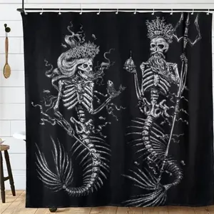 Skeleton Mermaid Pattern Shower Curtain, Decorative Waterproof Durable Shower Curtain with 12pcs Hooks, Bathroom Accessories for Home Salon Dormitory Hotel, Halloween