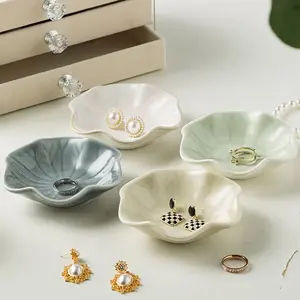 Set of 4 Ceramic Lotus Leaf Storage Dishes, Elegant Bedside Decor, Multi-Purpose Jewelry Organizer, Home Decoration Accessories, Ceramic Plate