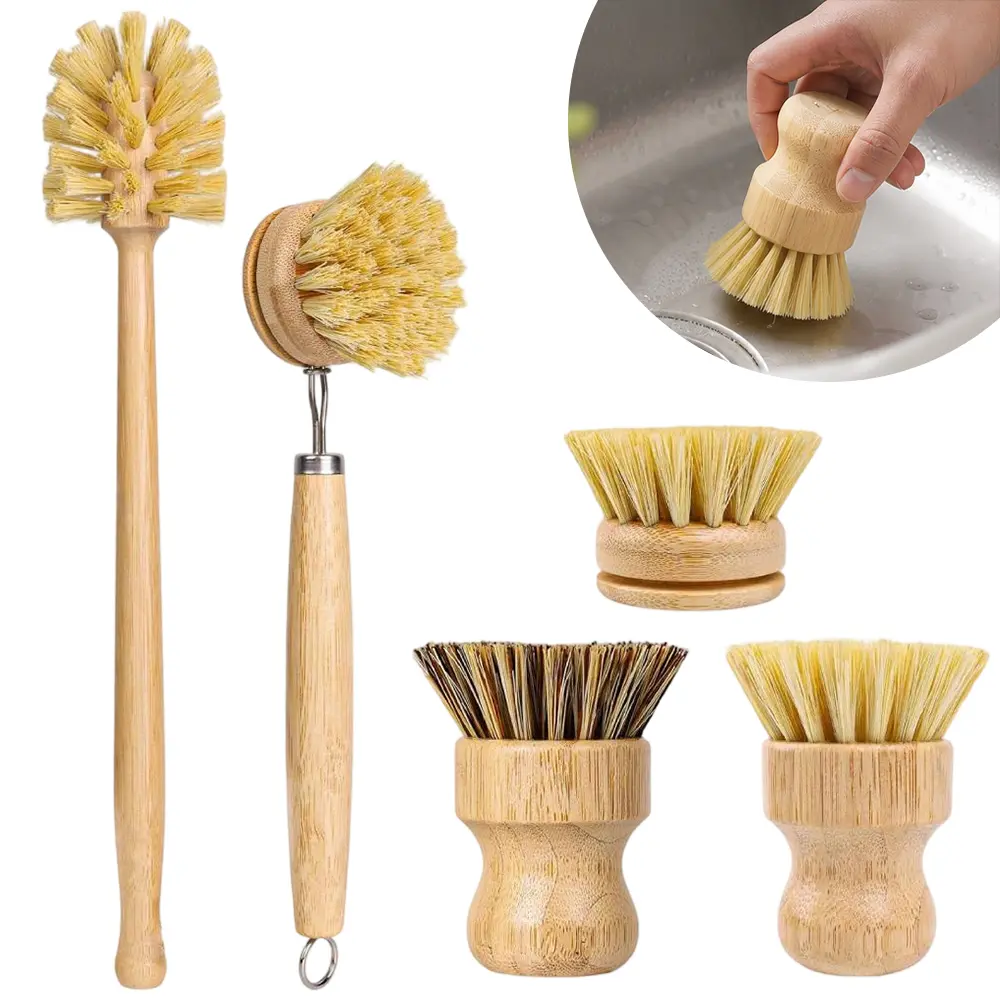 5-Pack Natural Bamboo Dish Brush Set - 14in Bamboo Handle, Soft Bristle, Non-Toxic, Removable Reusable Multi-Head, Compostable Sustainable Kitchen Tool, Comfortable Grip, Reduces Pressure on Hands, Cleaning for Dishes, Pots