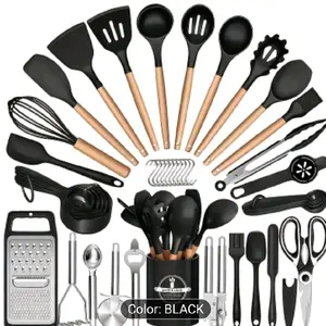 [34pcs Silicone Cooking Utensil] Kitchen Utensil Set - 34pcs Silicone Cooking Utensil With Rack, Heat-Resistant Kitchen Utensil Spade Set, Suitable For Non-Stick Cooking Utensils, Black Wooden Handle Kitchen Utensil Set, Sleek Kitchenware, Durable Kitchen
