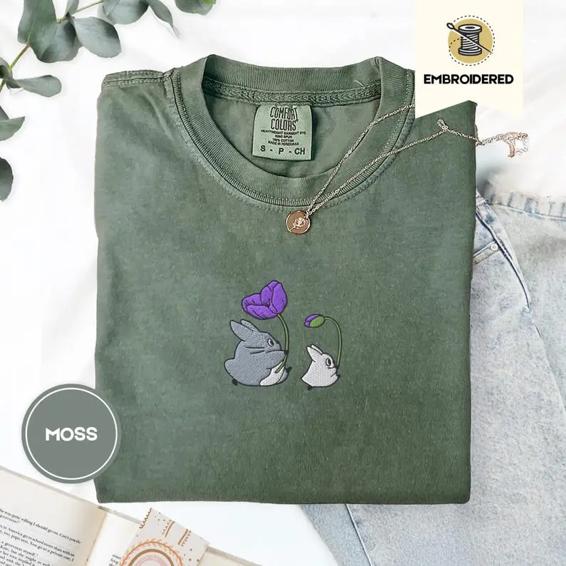 [SALE OFF To 50%] Embroidered Forest Spirits Comfort Colors Tee – Whimsical Nature Shirt, Cozy Cottagecore Anime Aesthetic