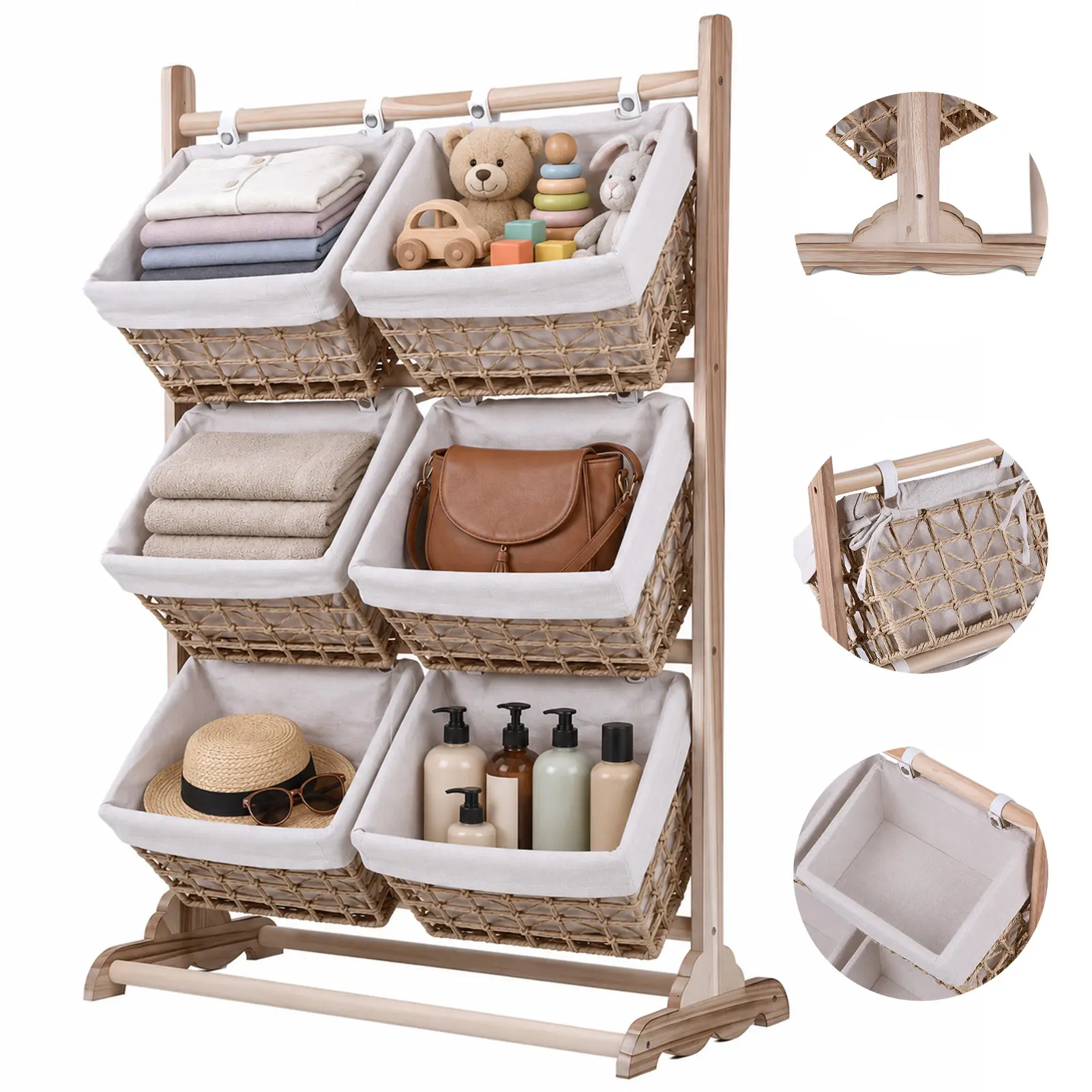 Wicker 3-Tier Storage Basket Stand, Floor Standing Rattan Rack, Multipurpose Laundry Hamper & Organizer for Bedroom, Living Room, Kitchen, Holds Clothes Toys Book Fruits