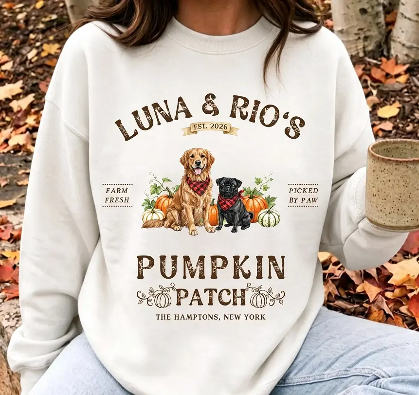 Women's SohoChic Casual Comfortable Crewneck Sweatshirt - Luna & Rio's Pumpkin Patch Golden Retriever Pug Fall Graphic, Everyday Garment, Autumn Pullover T-Shirt