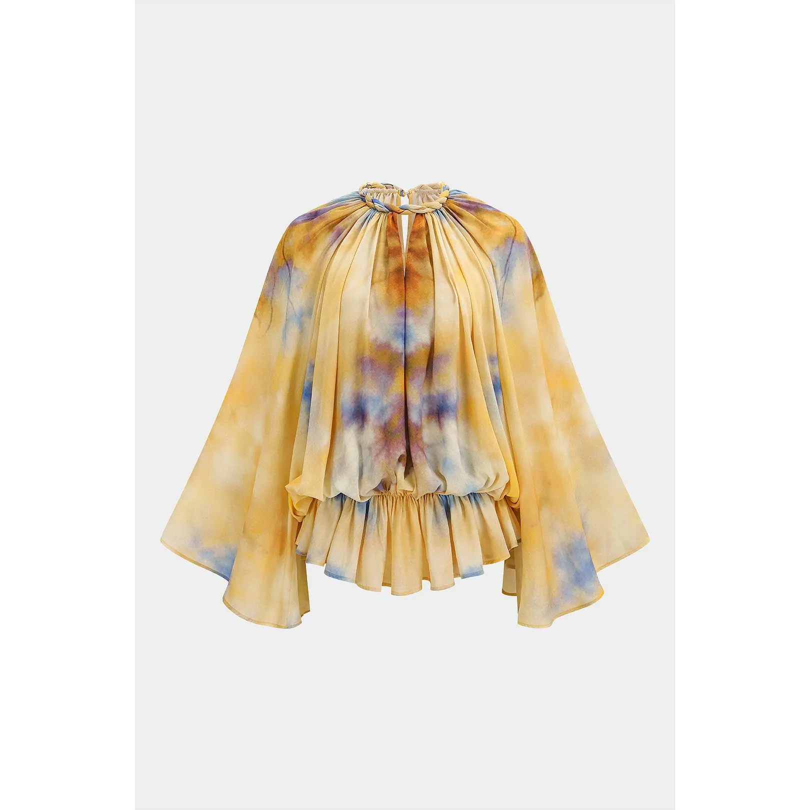 Women's Tie Dye Polyester Chiffon Blouse - Long Sleeve, Round Neck, Twist Knot, Cut Out, Ruched Detail, Loose Fit Chiffon Fabric Tops with Flattering Fit, Shirts