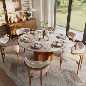 59" Mid-Century Modern Round Wood Dining Table for 6, Fluted Round Dining Table, Walnut Color Solid Wood Dining Table,  Glossy Pandora Sintered Stone Top with Tambour Dining Table Base, Hobart Table