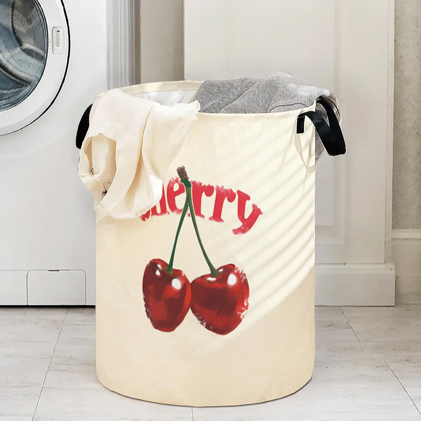 Cherry Print Laundry Basket with Handle, Durable Foldable Clothes Storage Bin, Large Capacity Toy Organizer, Home Use Reusable Hamper, Conveniently Foldable Laundry Basket, Collapsible Laundry Hamper, Folding Laundry Basket