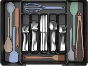 Extra Large Expandable Cutlery Drawer Organiser Adjustable 7-9 Compartment Kitchen Utensil Tray Black BPA-Free Waterproof Plastic 31.5 cm - 53 cm