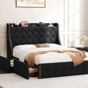 【Christmas Gift】Queen Black Upholstered Bed Frame with 4 Storage Drawers Wingback Headboard with Charging Station Diamond Stitched Button Tufted Design No Box Spring Needed