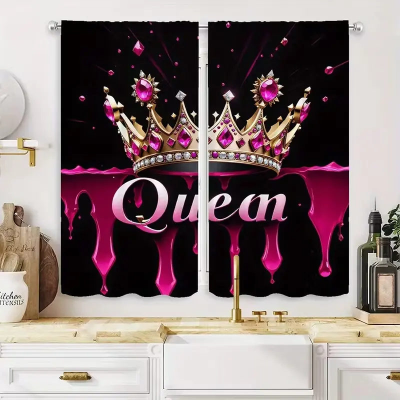 Open-Style 2-Piece HD Background Gold Crown Ruby Light Effect Text Queen Series Digital Print Curtains Home Decorative Curtain Home Decor Home Decoration Curtain Window Curtain Room Decor Curtain