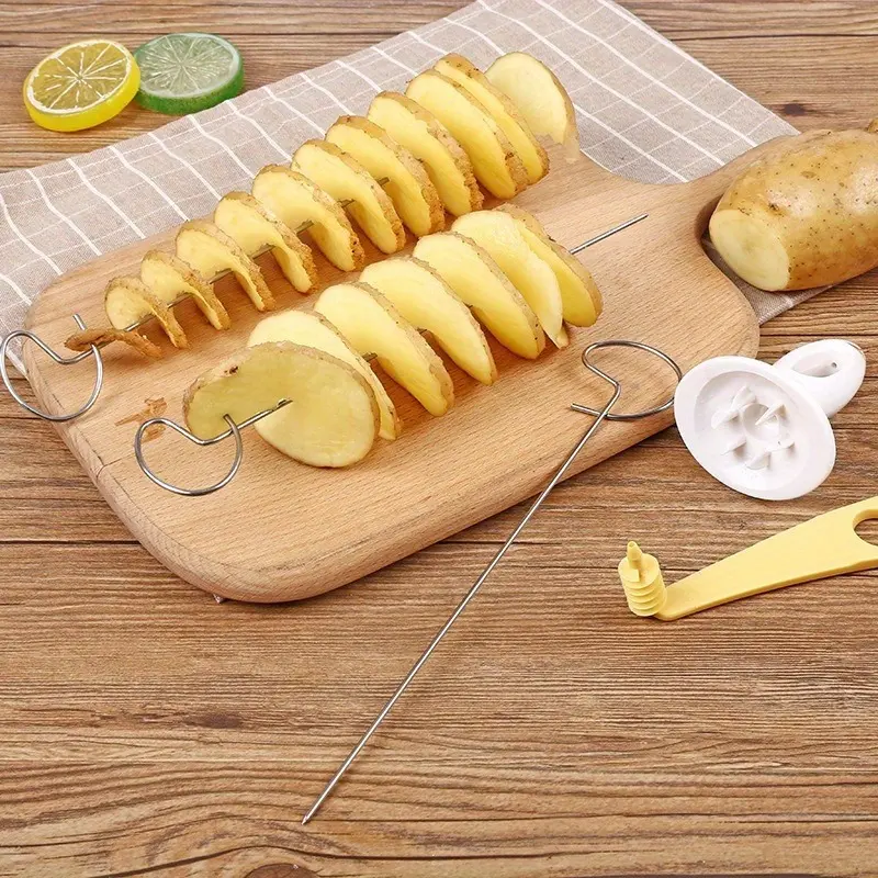 6pcs Campfire Potato Skewers: Portable Manual Spiral Slicer, Vegetable Cutter and Potato Chip Making Set