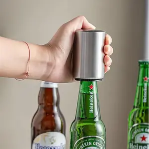 Premium Beer Bottle Opener (Silver), Magnetic Automatic Stainless Steel Push Down Opener, No CapCan Escape, Quick Open Cap for Kitchen Home Bar Restaurant Household Utensils