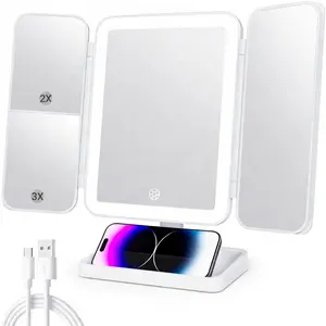 Travel Makeup Mirror, 1X/2x/3x/10X Magnifying Mirror, Portable Mirror with 3 Adjustable Light Settings, USB-Rechargeable Vanity Mirror with Lights, Gift for Women and Girls