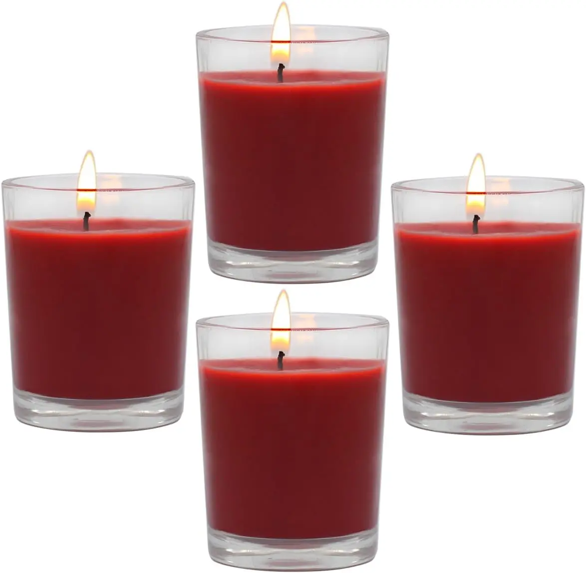 Unscented Red Burgundy Votive Type Small Size Soy Wax Candle Lights (4 Packs, 2 in Glass), 12-15 Hour Burn Time for Dinners, Holiday Decor, Christmas Wedding Party Home Use
