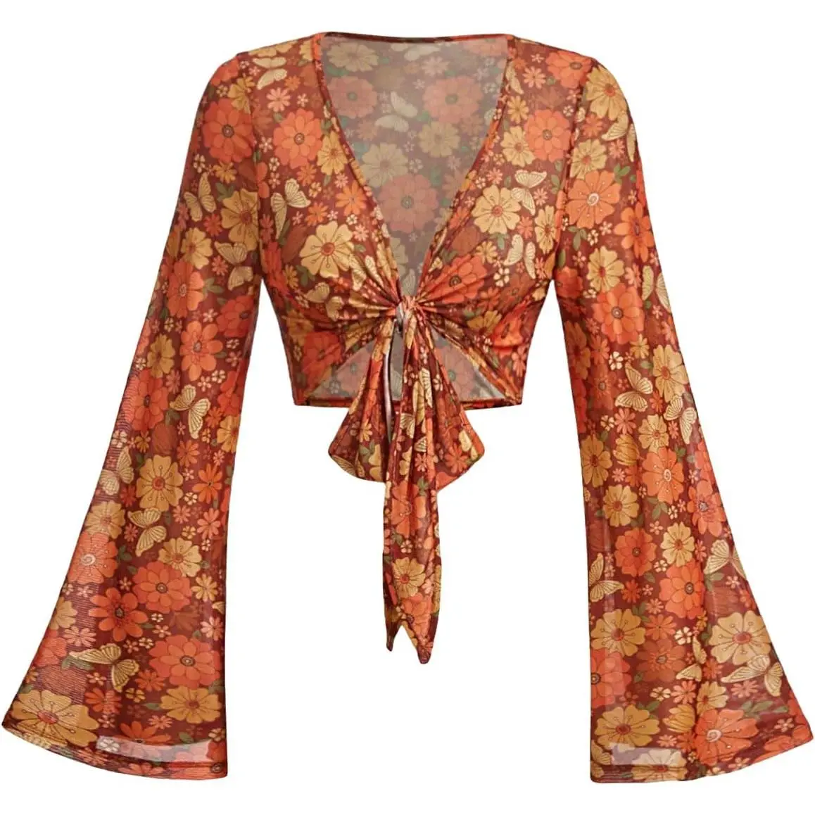 Women's Boho 70s Tops Tie Front Bell Long Sleeve Floral Print Mesh Sheer Blouse Crop Tops Shirts Womenswear Fitted Bohemian women's summer outfits going tops office outfits women 90s graphic tees Blue basic tops