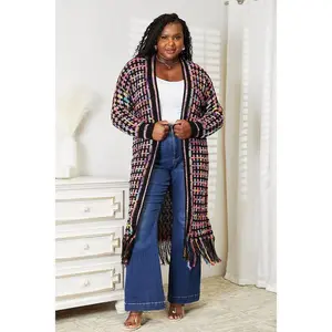 Double Take Full Size Multicolored Open Front Fringe Hem Cardigan