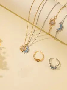 Boho Sun Moon Couple Bracelets Set, 2 Pcs Women's Casual Jewelry, Trendy Jewelry Set, Rhinestone Design, Perfect Gift for Daily Wear & Special Occasions