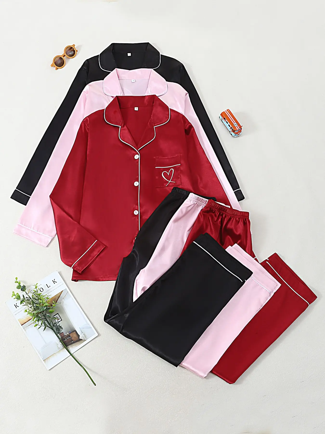 New Solid Color Lapel Long Sleeve Heart Embroidery Pajama pj sets for women, Casual Style Fitted Sleepwear for Ladies, Comfortable Nightwear, Loungewear, Homewear