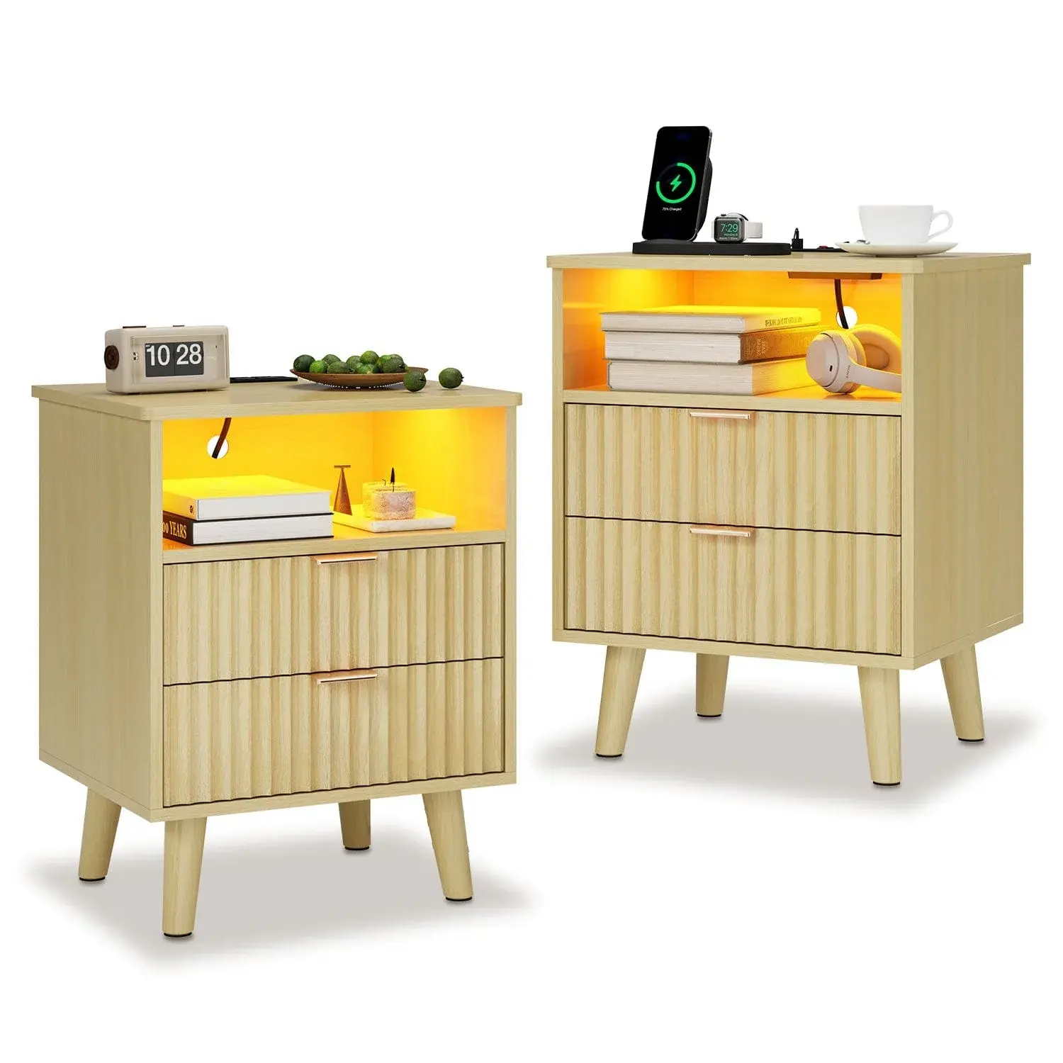 SIKAIC 2-Pack Smart Nightstand Set with Charging Station, Natural Oak Fluted Bedside Tables with Storage for Bedroom Furniture