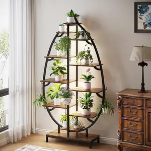 VINGLI 63″ Leaf-Shaped 10-Tier Metal Plant Stand with 5 Full-Spectrum LED Grow Lights, Tall Indoor Tiered Plant Shelf for Multiple Plants, Decorative & Functional Rack, Black