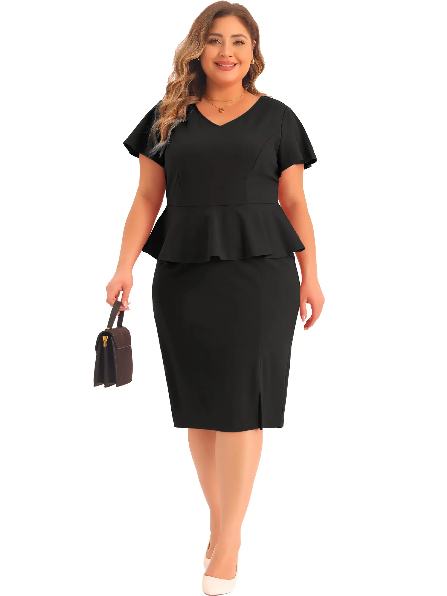 Agnes Orinda Plus Size Ruffle Short Sleeve Church Work Pencil Vintage Peplum Dress