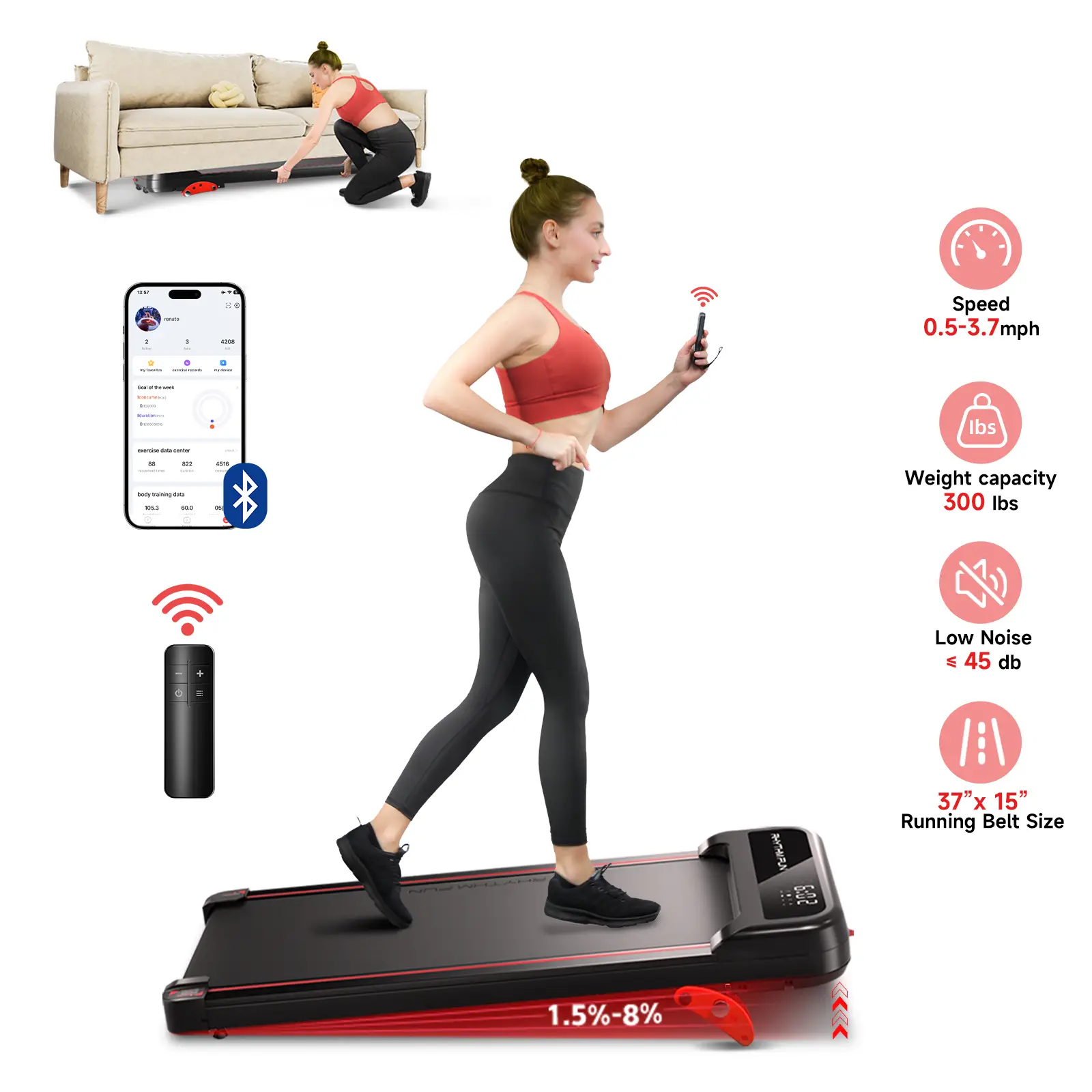 【TikTokShopBacktoSchool】RHYTHM FUN 3 Level Incline Under Desk Walking Pad Treadmill for Home Office Quiet 300 Lbs Adjustable Exercise Machine with Rem