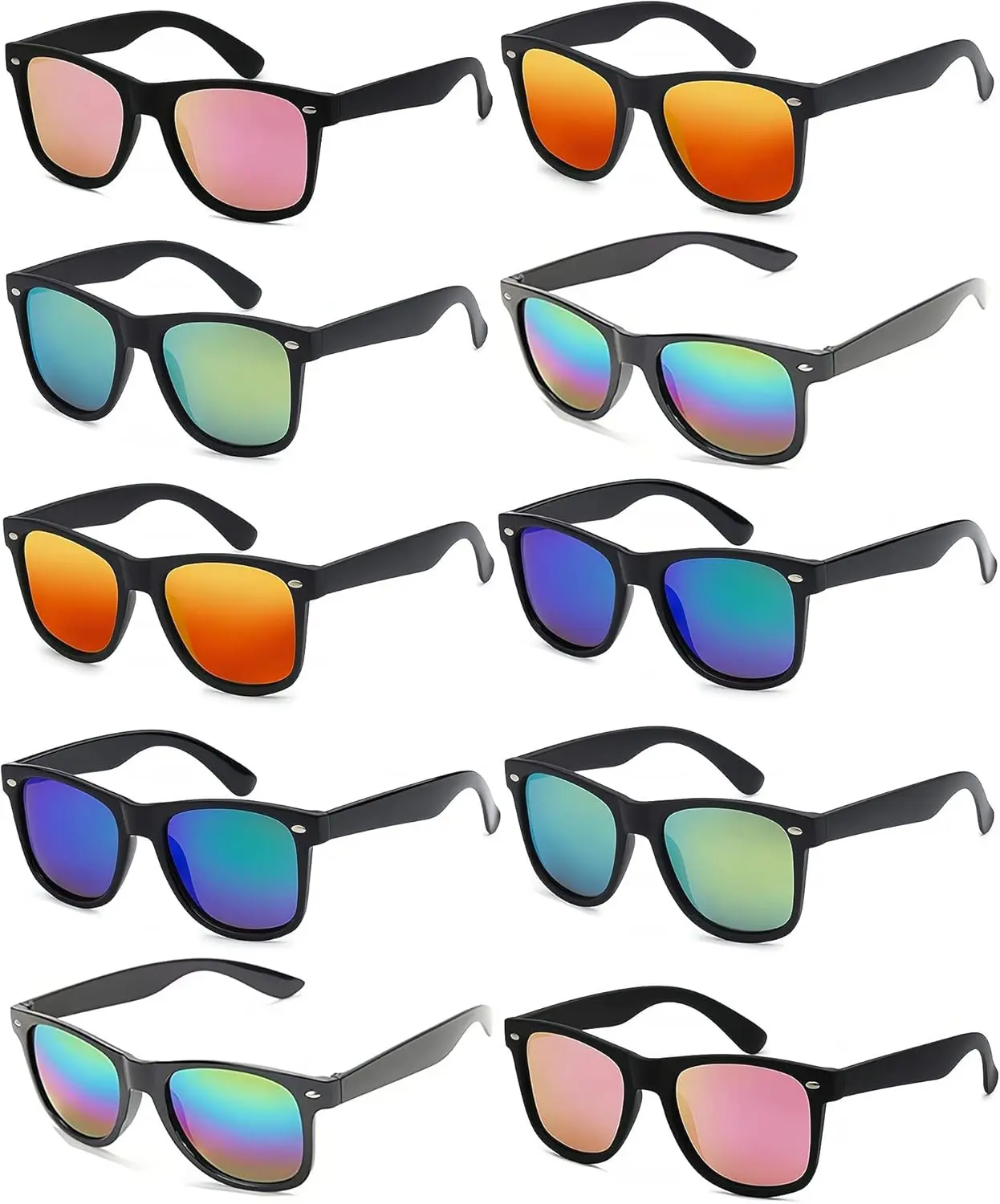 10 Pack Classic 80s Sunglasses for Adults, Solid Plastic Frames with Multicolor Polycarbonate Lenses & Flexible Fit Spring Hinges, 1 Size Outdoor Beach Party Favor, One Size