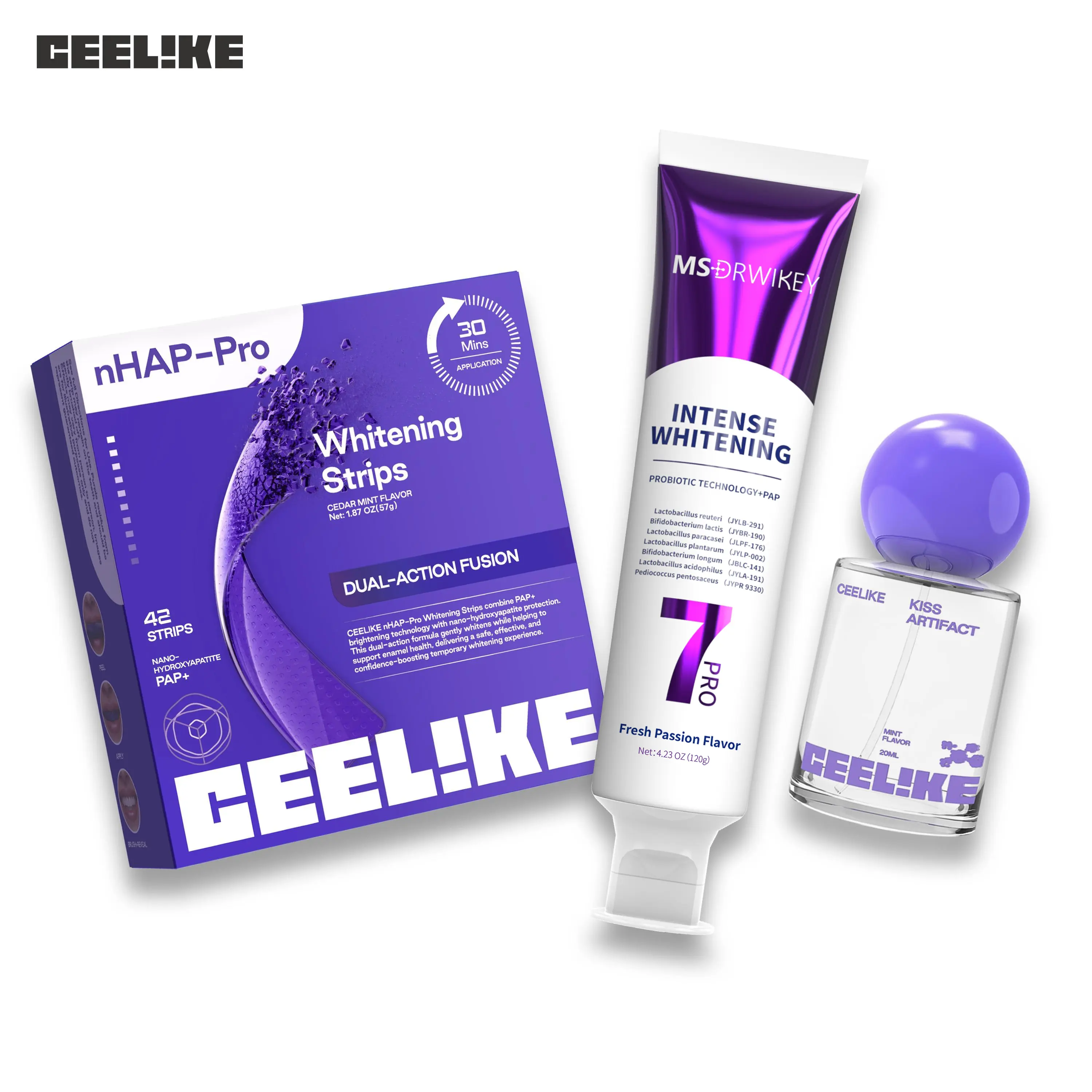 Ceelike All-Purple Whitening Set Strips + Toothpaste + Oral Spray | 3-in-1 Teeth Whitening Kit