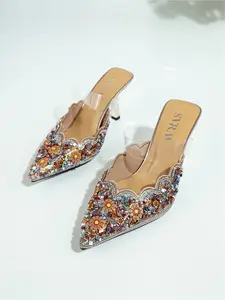 Multicolor Crystal Floral Pointed Toe Mules Clear Strap Mid Heel Slides Evening Party Dress Sandals