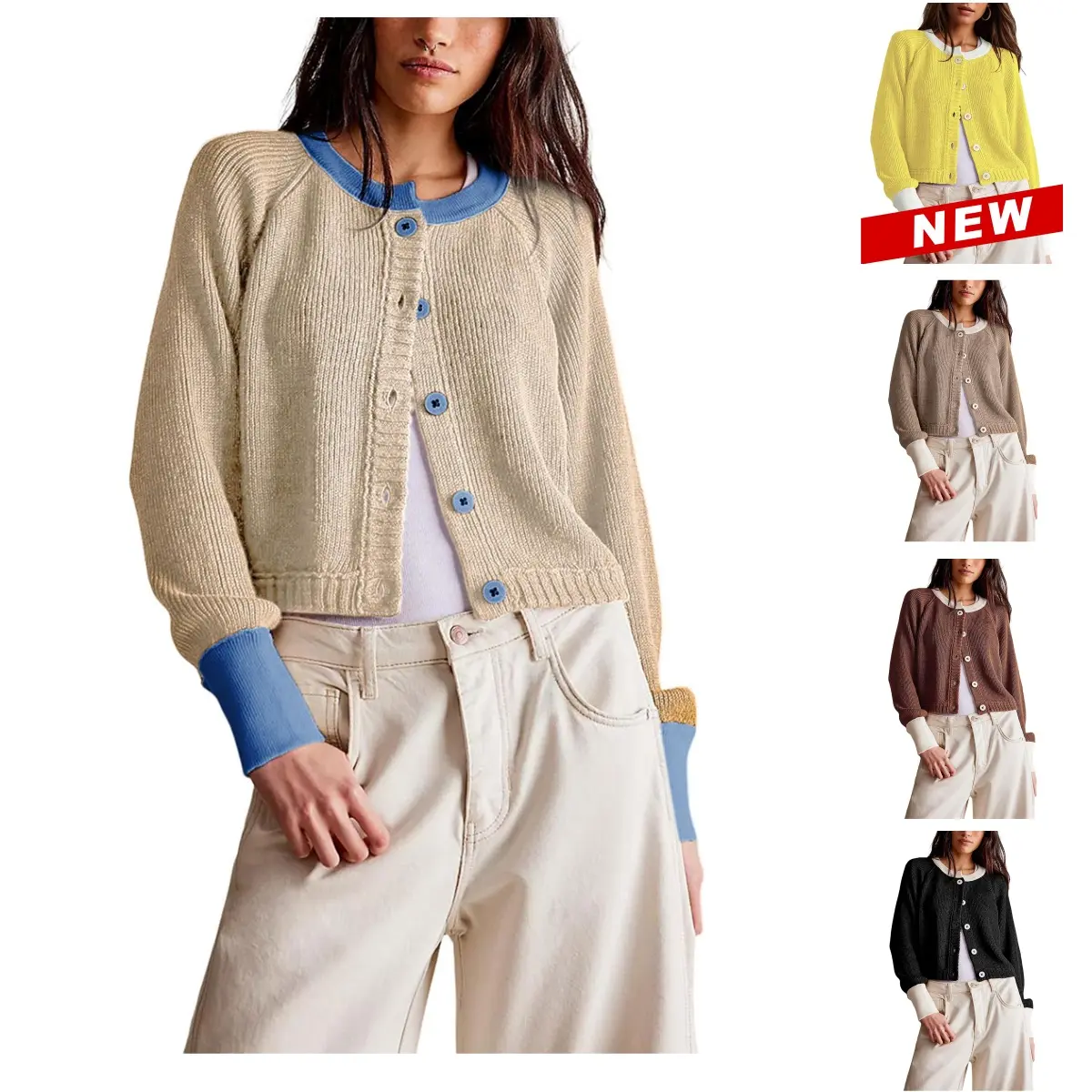 Tanming Lady's Elegant Color Block Knitwear Sweater - Button-Up Longsleeves Contrast Cuffs Cropped Viscose Cardigan Jacket, Casual Chic Round Neck Everyday Day Wear Apricot Tops, Sweaters, Viscose Softness, Jeans, Long Sleeves, Valentines Day, Basics, Rel