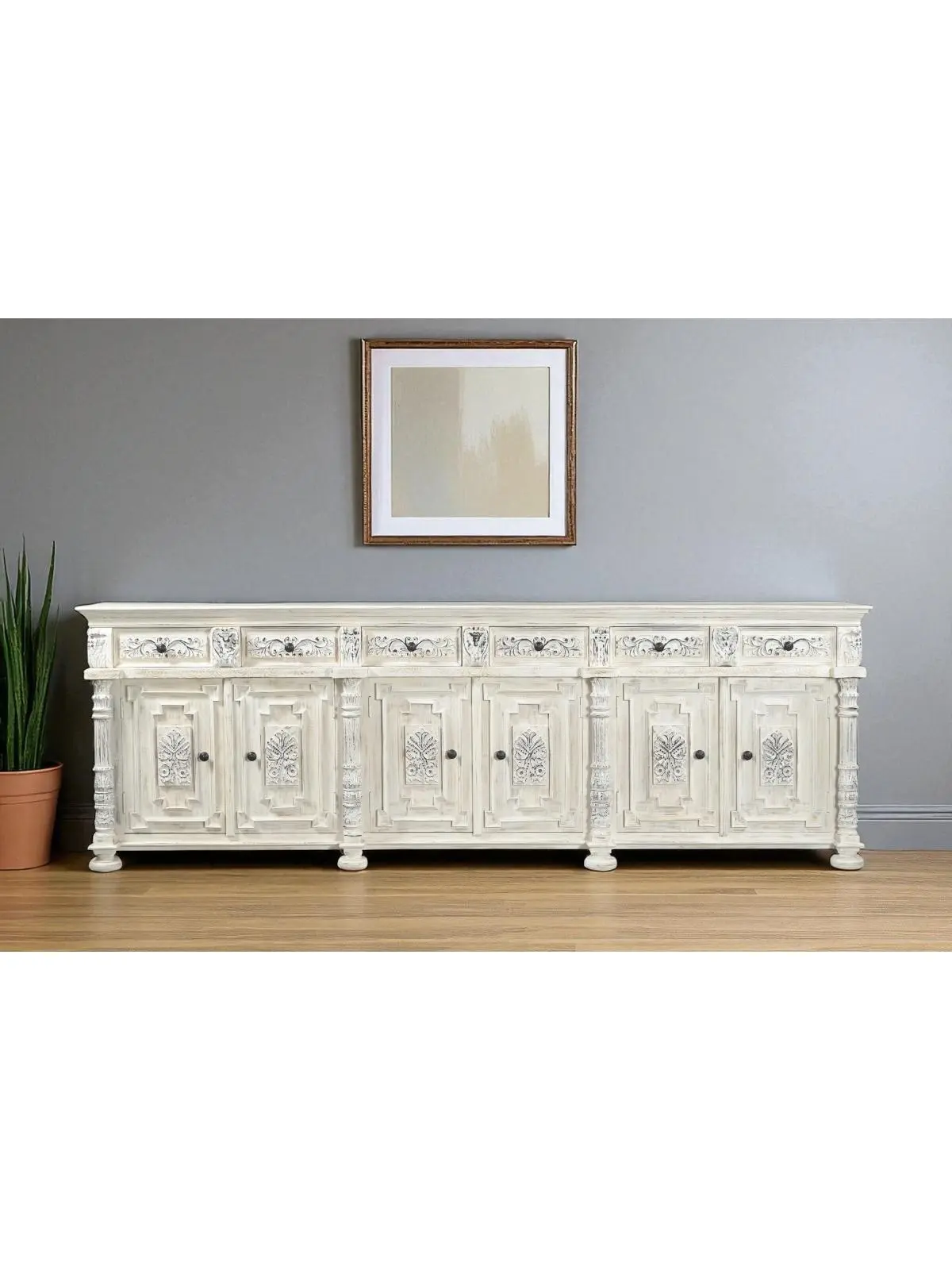 212 MAIN Large Rustic Solid Wood Dresser Furniture - 40x118x19in White Distressed, Carved Floral 6-Drawer Sideboard Buffet Cabinet with Carved Doors