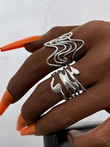 Punk Style Hollow Geometric Metal Ring Set, Unisex Fashion Jewelry, 2 Piece Set, Unique Arc Design, Perfect Gift Choice