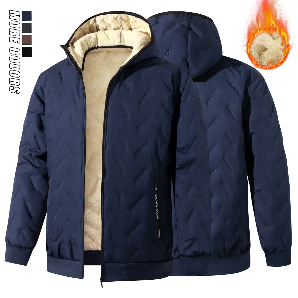 Men’s fleece-lined warm hooded jacket, suitable for cold weather; men’s top; men’s down jackets; menswear; autumn/winter apparel