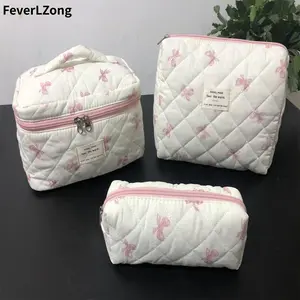 Goddess Bow Printed Makeup Bag Set Padded Cotton Cosmetic Bag Set Padded Cotton Cosmetic Bag Set with Pink Bow Design and Quilted Texture 3pc  bag  set pouch  organizer  singles