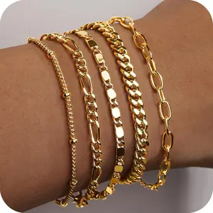 Gold Bracelets Set for Women Non Tarnish Trendy,14K Gold Plated Dainty Stackable Paperclip Cuban Link Chain Bracelets, Simple Cute Cuff Bracelets Jewelry Set Adjustable 7"+2"-USA