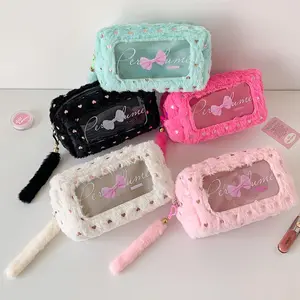 Cute Bow Pattern Plush Pencil Case, Portable Stationery Storage Bag with Window, Stationery Storage Bag for Office School Student