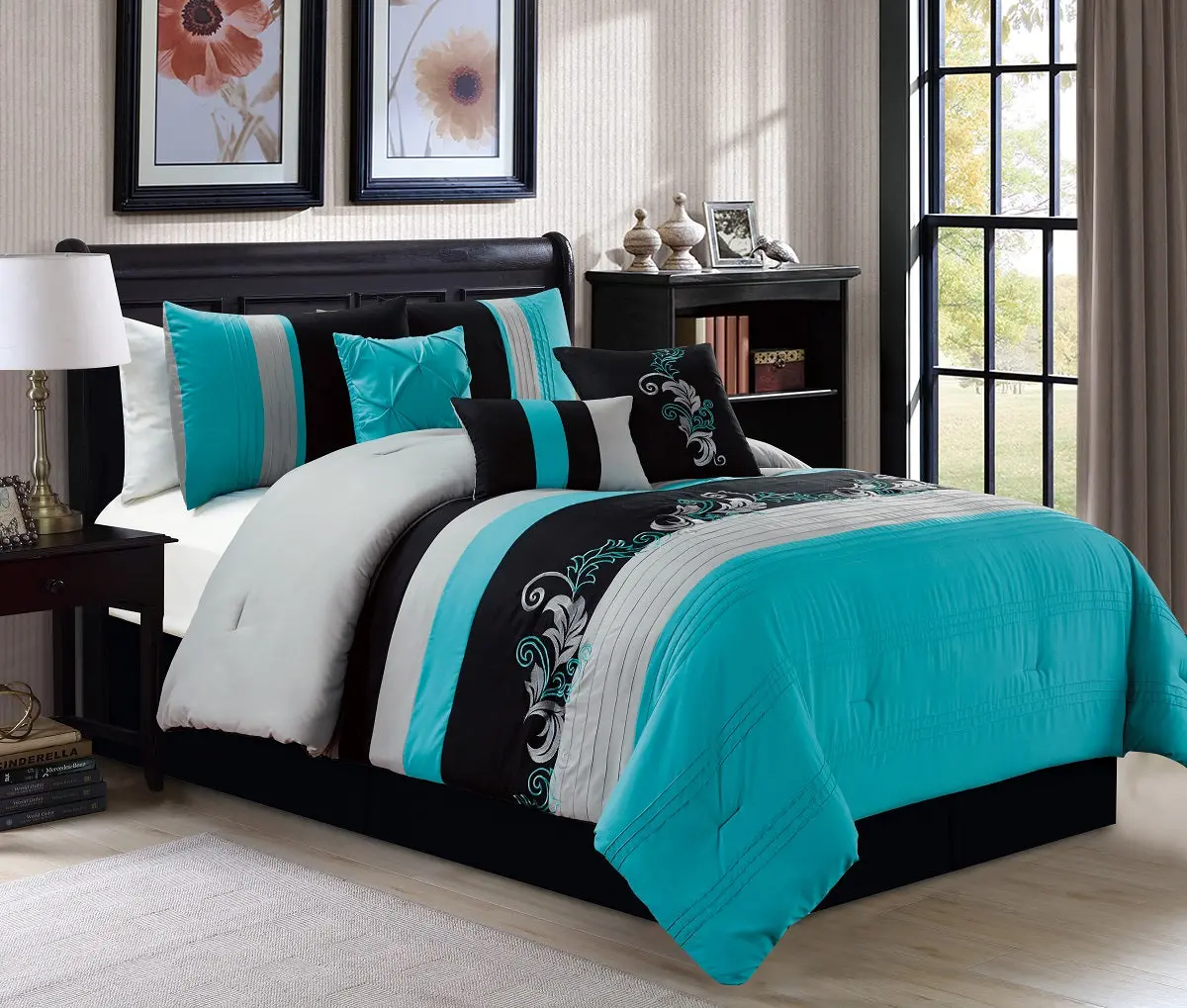 CHEZMOI COLLECTION Napa 7-piece Luxury Leaves Scroll Embroidery Bedding Comforter Set 100% Polyester Soft Comfortable Machine Washable