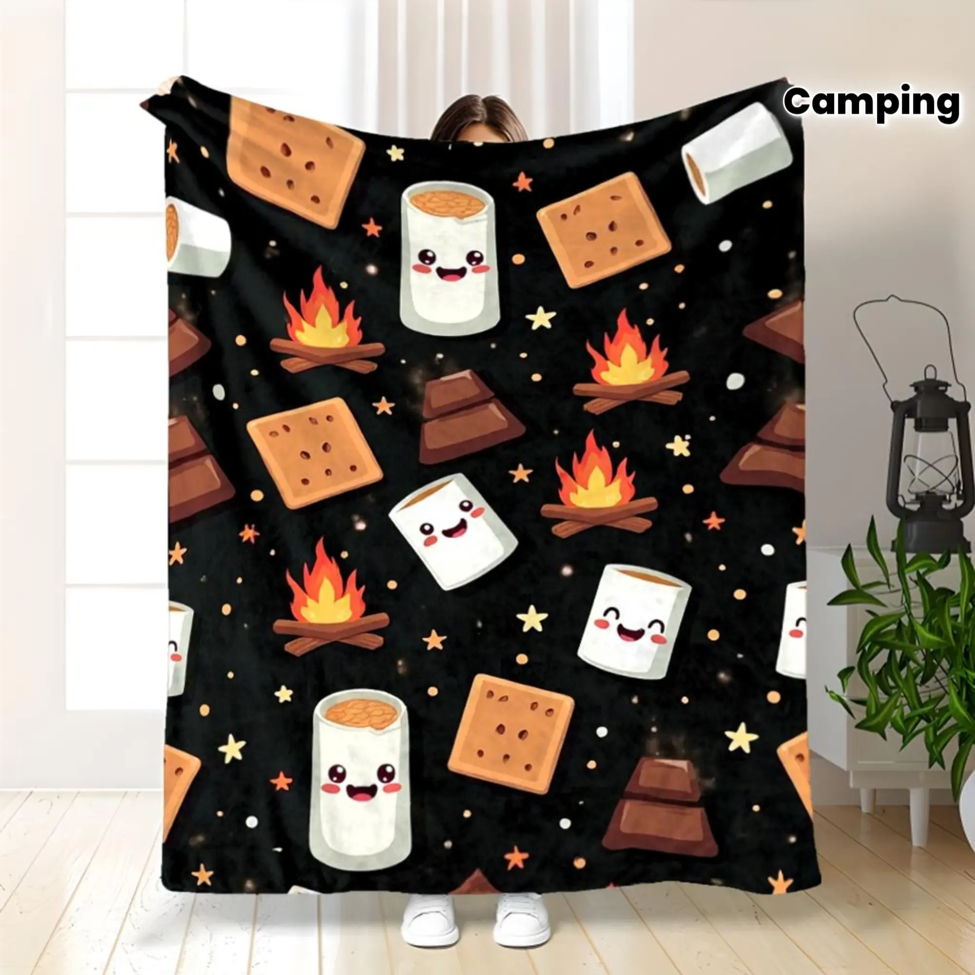 Modern Tightly Woven Flannel Bonfire & Marshmallow Blanket - Wrinkle Resistant, Fade Resistant, Durable, Soft, Heat-Retentive, Compact, Machine Washable Outdoor/Indoor Blanket for Adults, Office Workers, Camping