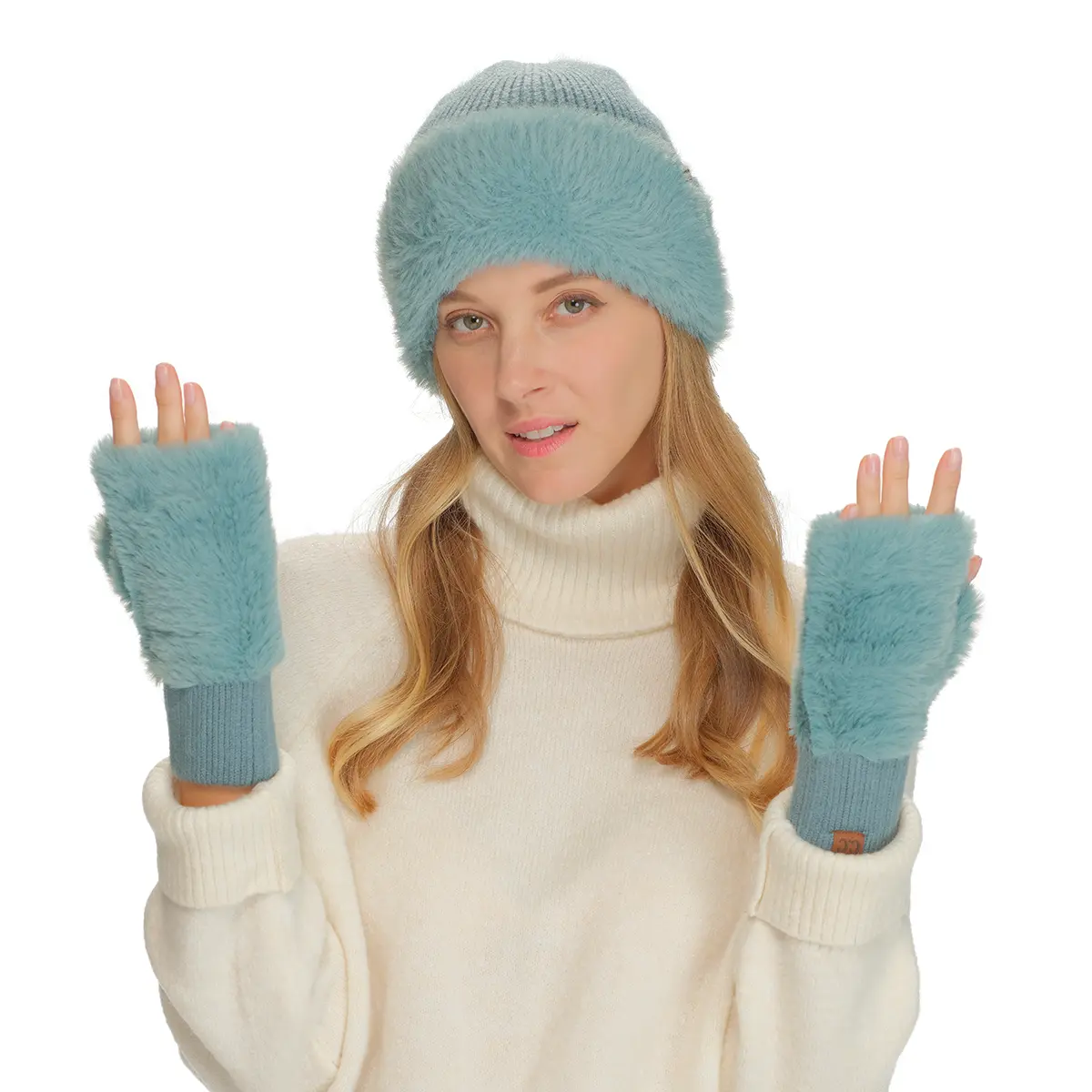 C.C Luxuriously Soft Faux Fur Trim Fingerless Gloves for Women - Cozy Knit Plush Fur Cuff, Open Fingertip Design, Winter Style and Comfort