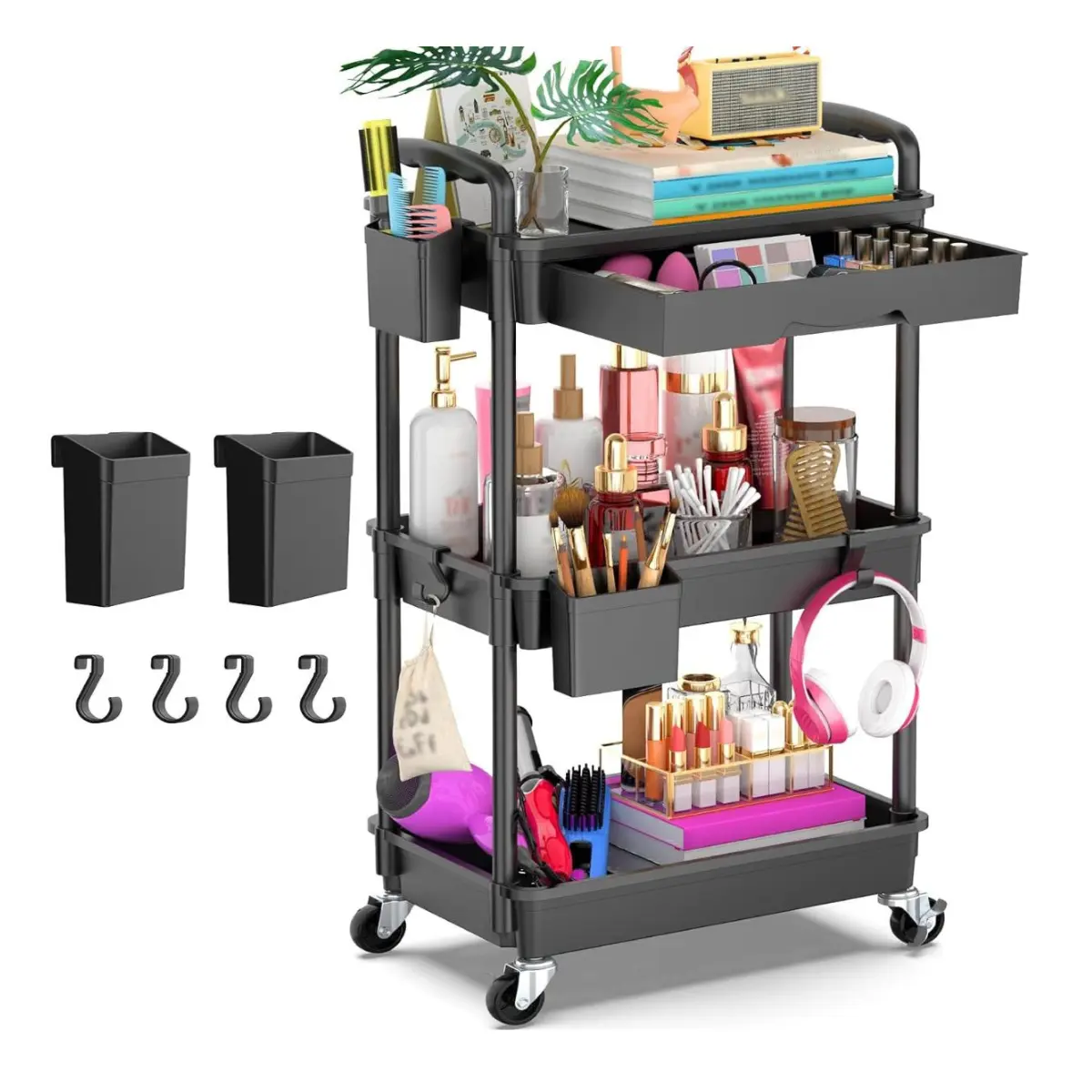 3 Tier Rolling Utility Cart Organizer with Drawer – Sturdy Storage Cart with Lockable Wheels for Bathroom, Kitchen, Crafts & Baby Essentials