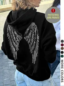 Women's Hooded Sweatshirt Pullover with Graphic Unique Wing Print, Soft Casual Loose Fit Pocket Top, Fashion Outdoor Daily Wear, Street Style Spring Fall Jacket