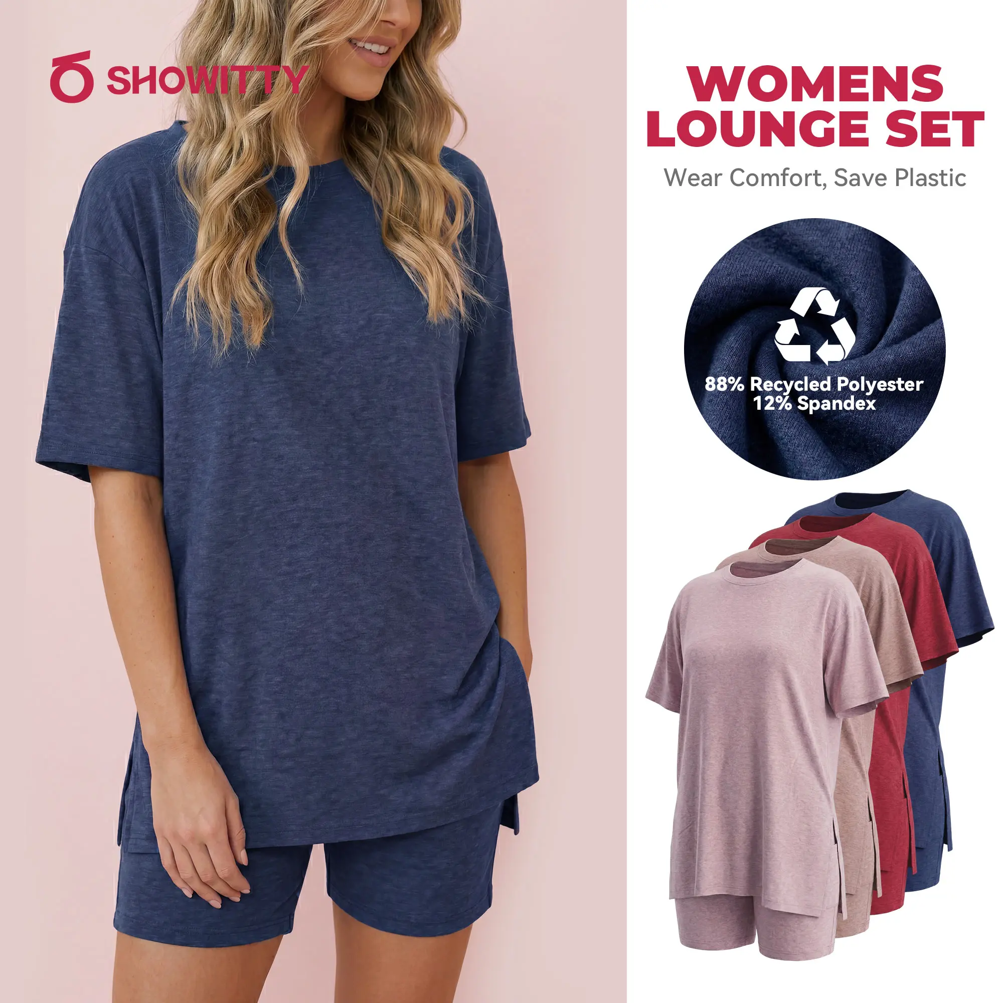 SHOWITTY Womens Lounge Set – Short Sleeve Crew Neck Top and Shorts Set, 88% Recycled Polyester Pajama Outfit with Side Pockets, Soft Stretch 2 Piece Outfit #tiktokshopsummersale