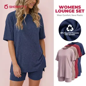 SHOWITTY Womens Lounge Set – Short Sleeve Crew Neck Top and Shorts Set, 88% Recycled Polyester Pajama Outfit with Side Pockets, Soft Stretch 2 Piece Outfit #Summervibes