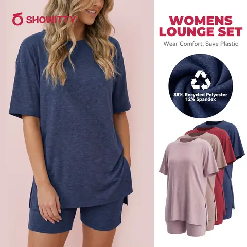 SHOWITTY Womens Lounge Set – Short Sleeve Crew Neck Top and Shorts Set, 88% Recycled Polyester Pajama Outfit with Side Pockets, Soft Stretch 2 Piece Outfit #tiktokshopsummersale