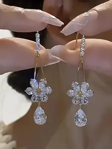 Rhinestone & Water Drop Decor Dangle Earrings, Elegant Flower Design, Floral Inspiration Drop Earrings for Women, Fashion Jewelry for Party, Daily Decor, Trendy All-match & Exquisite Jewelry for Birthday Gift, Versatile Usage